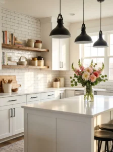 Farmhouse kitchen with realistic subway tile wallpaper and floating wooden shelves.