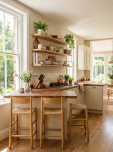 Kitchen with warm oak shelving and butcher block countertops creating a cozy natural look.