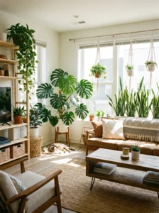 Living room decorated with a collection of indoor houseplants.