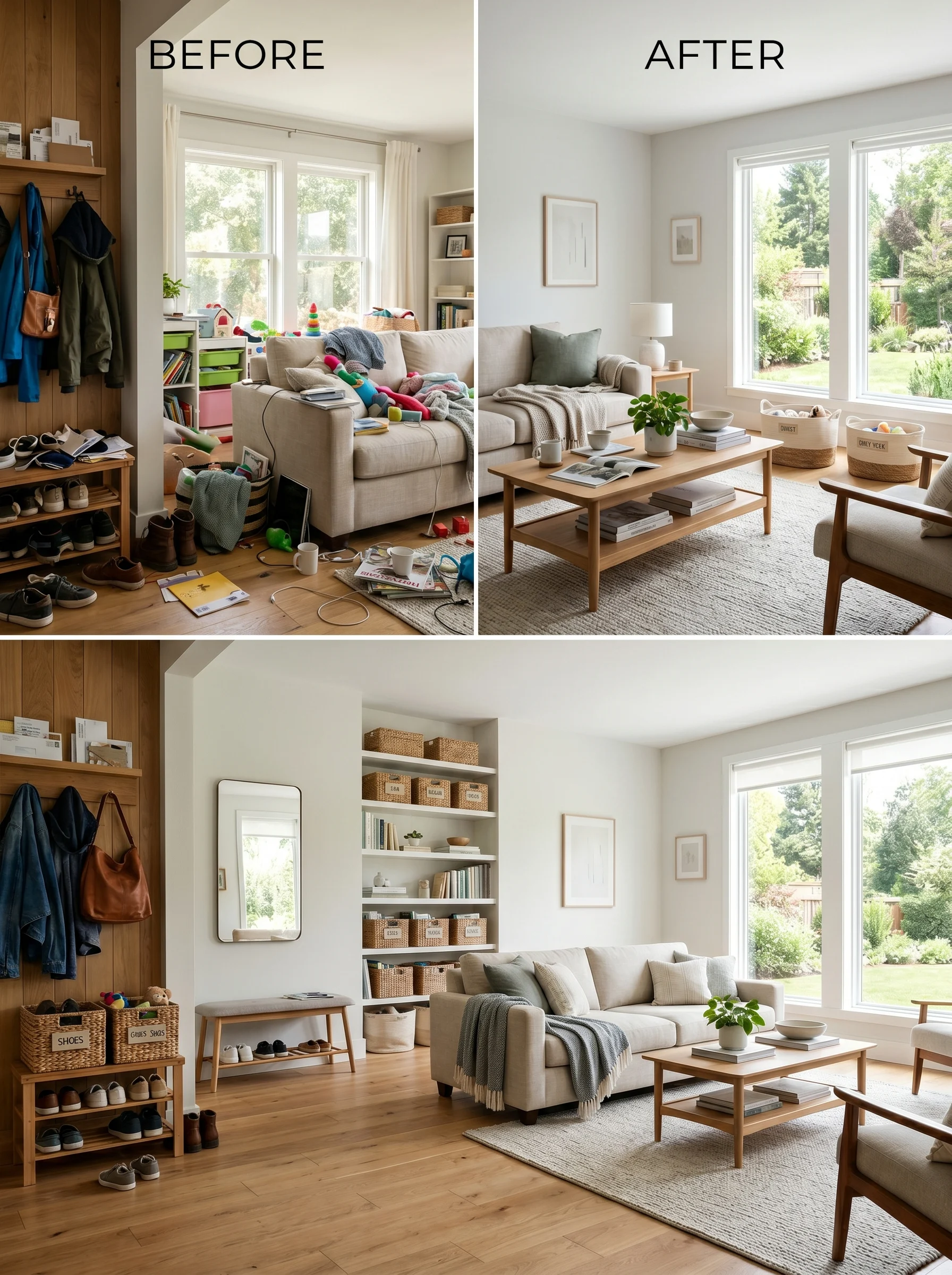 "Organized modern home showing successful weekend decluttering and clean living spaces."