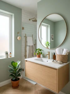 Soft sage green bathroom with oak vanity, brass fixtures, and spa-inspired decor.