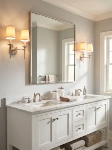 Double bathroom sconces mounted beside a vanity mirror for balanced task lighting.