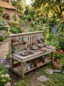 DIY backyard mud kitchen with a stainless steel sink and rustic wooden design for outdoor children's play.