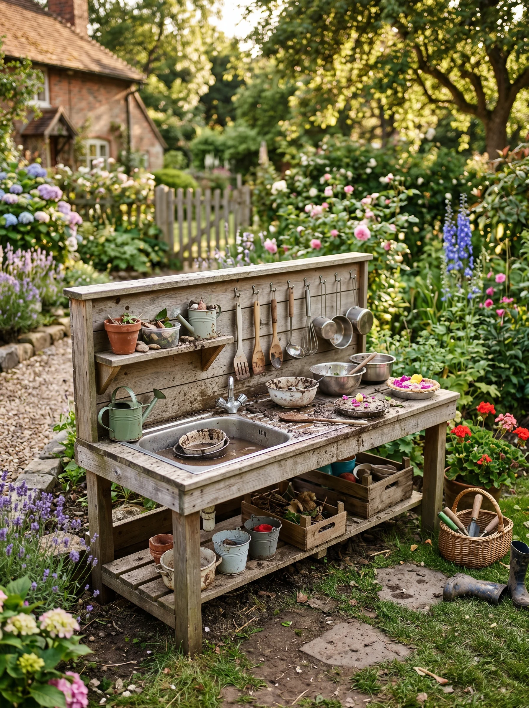 DIY backyard mud kitchen with a stainless steel sink and rustic wooden design for outdoor children's play.
