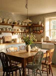 Cottage kitchen decorated with vintage floral wallpaper and classic farmhouse furnishings.