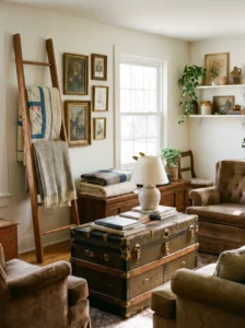 Vintage furniture and decor pieces repurposed for modern home styling.