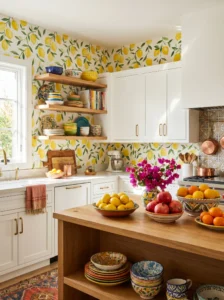 Bright kitchen decorated with lemon-pattern wallpaper and fresh Mediterranean-inspired decor.