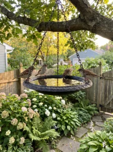 Classic metal hanging bird bath with birds in a small backyard garden.