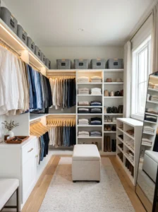 "Decluttered closet with organized clothing, storage bins, and matching hangers."