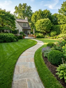 Stone pathway and neatly edged landscaping creating a clean and organized backyard.