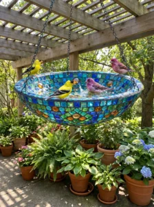 Glass mosaic hanging bird bath reflecting sunlight on a patio garden.