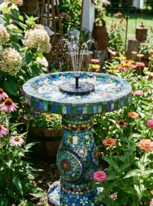 "Decorative mosaic solar fountain bird bath with colorful tiles."