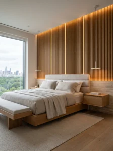 Modern bedroom with vertical wood slat feature wall.