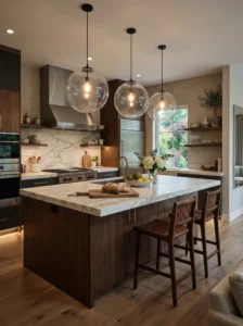 Modern kitchen island featuring elegant statement pendant lighting.