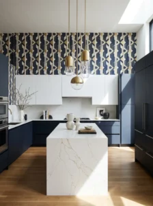 Modern kitchen featuring bold geometric wallpaper in navy and gold tones.