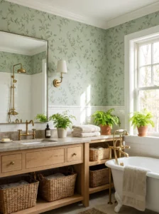 Bathroom with sage green botanical wallpaper and natural wood vanity.