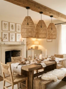 DIY rattan pendant lights illuminating a modern dining room.