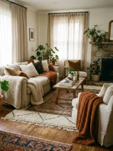 Layered textiles including rugs, throws, and cushions in a cozy living room.