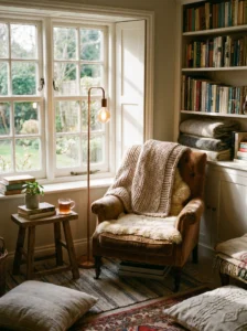 Comfortable reading nook with armchair, blanket, and natural light.