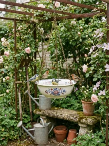 Vintage repurposed hanging bird bath made from an antique bowl.