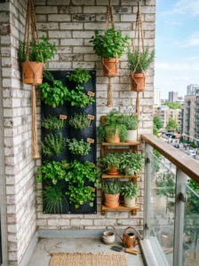 Vertical herb garden using wall-mounted planters in a small space.