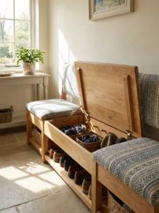 Multi-purpose storage bench with hidden storage in an organized entryway.
