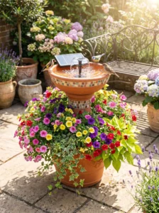 "Solar fountain bird bath with flowering planter base."