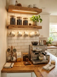 Organized kitchen coffee station with shelves, mugs, and espresso machine.