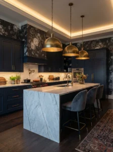 Luxury kitchen with dark floral wallpaper and moody designer aesthetics.