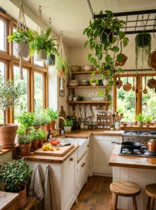 Kitchen decorated with indoor plants and fresh herbs.