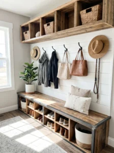 DIY entryway storage organizer with hooks, bench, and cubbies.