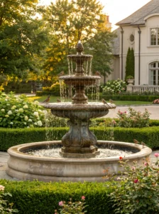 "Multi-tier solar fountain bird bath with cascading water."