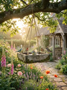 Rustic wooden hanging bird bath in a natural cottage garden setting.