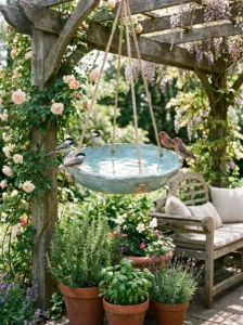 Blue ceramic hanging bird bath on a covered patio garden.