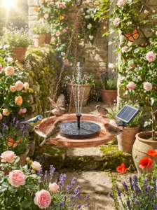Solar fountain hanging bird bath attracting birds in a sunny courtyard.