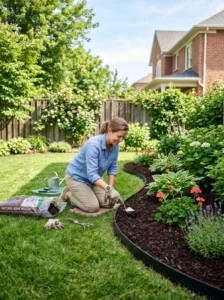 Homeowner adding mulch to garden beds to keep the backyard neat and weed-free.