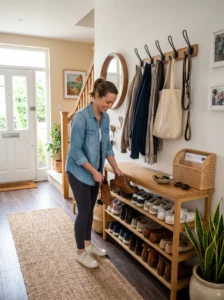 "Decluttering an entryway with organized storage for shoes, coats, and daily essentials."