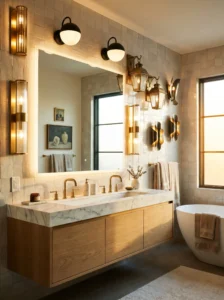 Stylish bathroom featuring warm wall sconces, modern vanity, and elegant lighting design ideas.