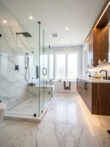 Modern bathroom with frameless glass shower, large-format tiles, floating vanity, and clean contemporary design.