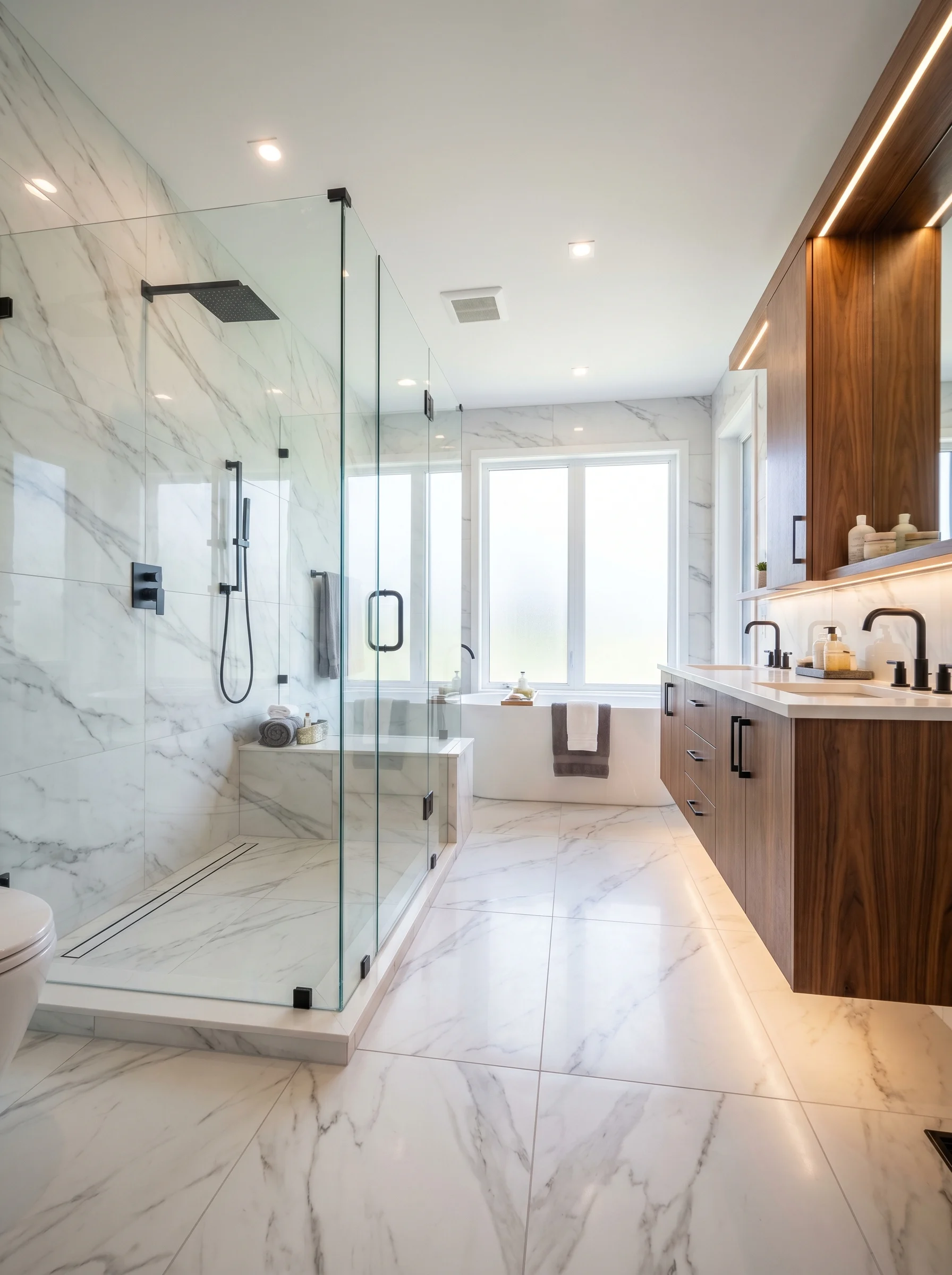 Modern bathroom with frameless glass shower, large-format tiles, floating vanity, and clean contemporary design.