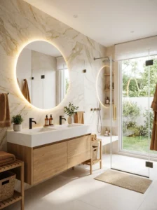 Modern luxury bathroom featuring a floating vanity, walk-in shower, warm earth tones, and contemporary design trends.