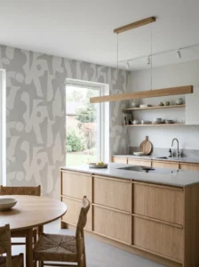 Scandinavian kitchen with minimalist wallpaper and clean modern design.