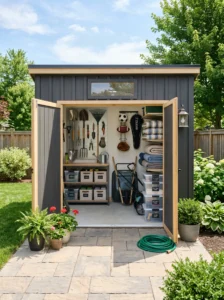 Organized backyard storage shed keeping outdoor tools and equipment neatly stored.