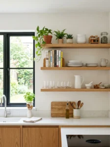 Open kitchen shelving displaying dishes, plants, and decorative accessories.