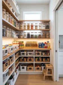 Organized kitchen pantry with labeled containers and storage solutions.