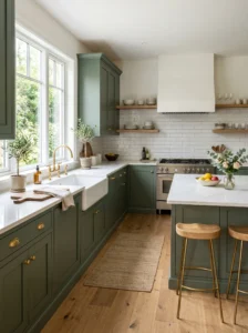Kitchen featuring freshly painted sage green cabinets and brass hardware.