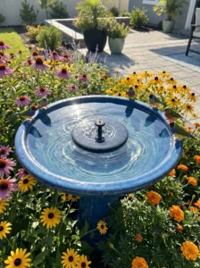 "Floating solar fountain installed in a traditional bird bath."