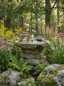 "Rustic stone solar fountain bird bath in a natural garden setting."