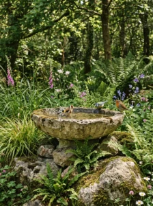 Rustic stone-look concrete bird bath in a natural woodland garden.
