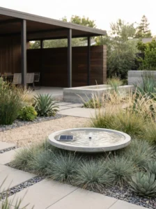 "Modern minimalist solar bird bath in a contemporary garden."